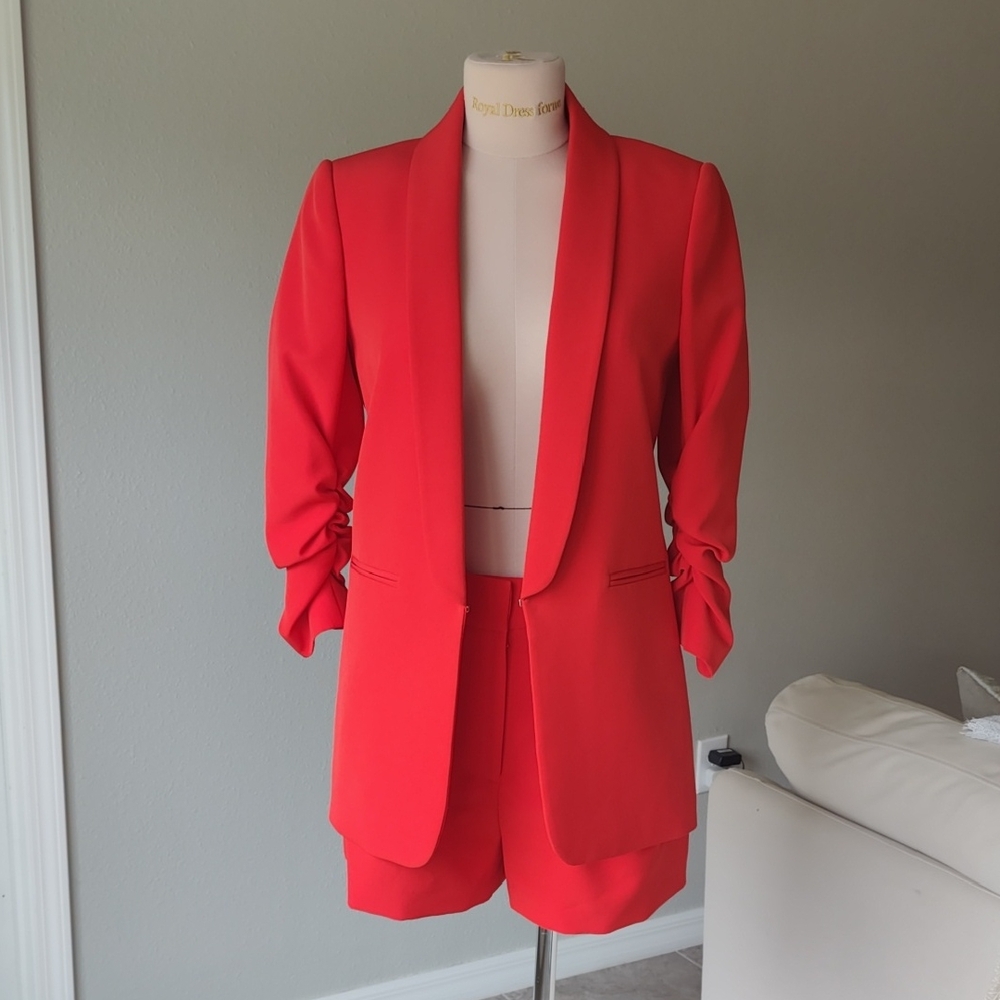 Gianni Bini Bright Red Open-Front Blazer with Ruched Sleeves
